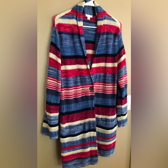 J. Jill Sweaters - J JILL Colorful Cranberry White & Cranberry Striped Sweater Jacket  size L